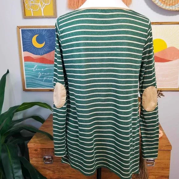 Umgee Brand Top Hunter Green & Cream Stripes Tan Faux Suede Accents Size Small - Picture 3 of 12